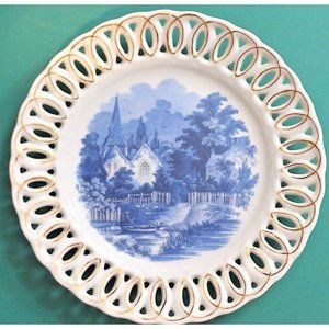 Hand Painted  Blue & White Porcelain Plate with Gold Embellishment signed Alicia